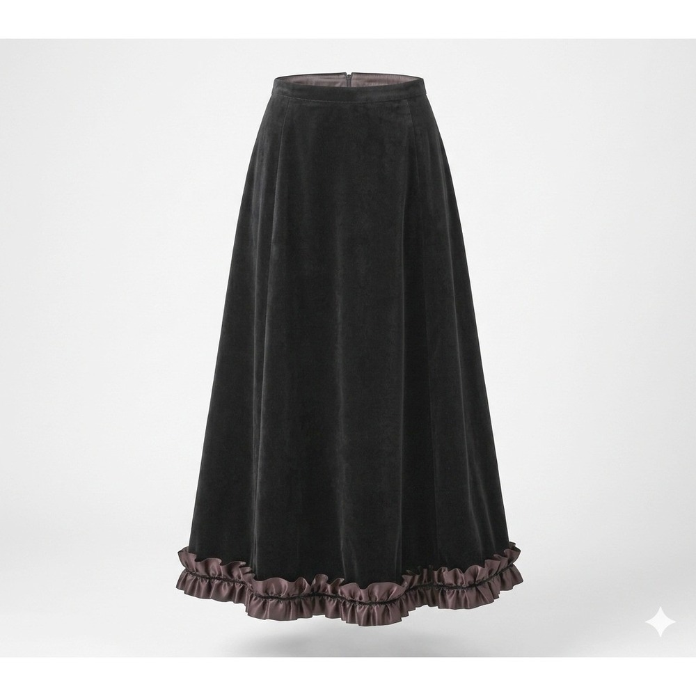 Vintage Black Velvet Ruffle Hem Maxi Skirt Cosplay Dickens Goth Evening Costume
